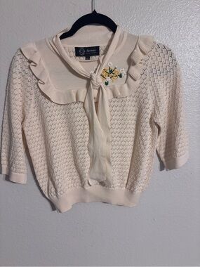 Cream Ruffle Collar Cowl Sweater with Embroidered Detail